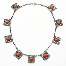 Antique Art Deco Enamel Paste Link Chain Necklace 16 Inches