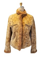Cali Animal Print Suede Leather  Rabbit Fur Trim Jacket Size 10
