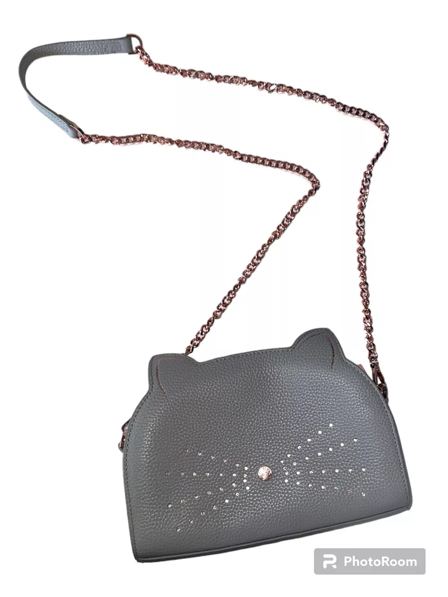 TED BAKER KIRSTIE CAT CROSSBODY CHAIN LEATHER PURSE CLUTCH GRAY ROSE GOLD