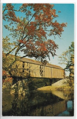 VTG Postcard - Fall Leaves Surround an Old Covered Bridge
