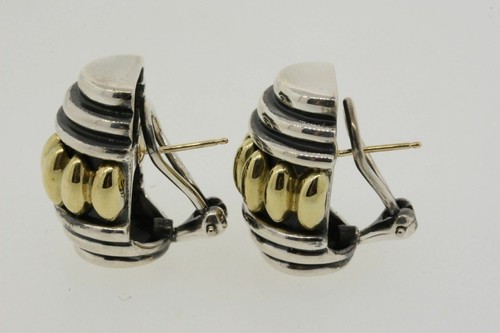 Lagos Caviar Hoop Earrings Sterling Silver 18k Gold Large Scalloped Omega back - Picture 3 of 5