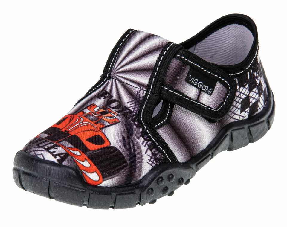 Viggami Jungen Hausschuhe mit Klettverschluss Gr. 26-36 Lederinnensohle