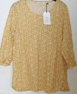 Seasalt Sowing Top yellow cream stamped flower 100% cotton Size 10 New Tags BNWT