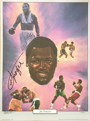 Vintage Beautiful Full Color Joe Frazier Autographed Art Print Boxing Fight