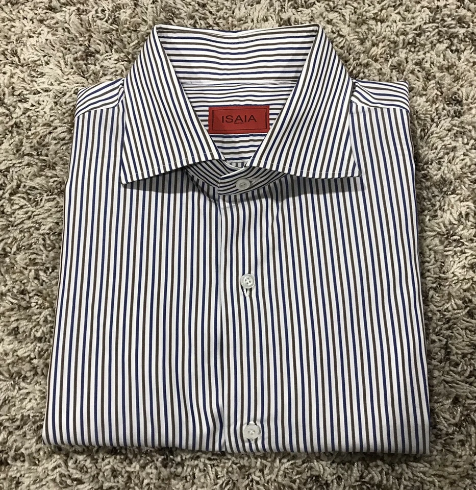 Camisa de vestir a rayas ISAIA Napoli para hombre blanca azul verde 17,75 32,5 XL poco uso Foto 2 de 4