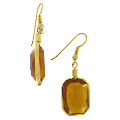 Large Faux Stone Jewel Dangle Earrings Pierced Gold Tone 1 3/8''- Topaz