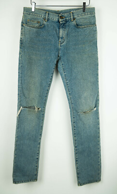 SAINT LAURENT PARIS D02 SK LW Skinny Blue Denim Jeans Men's 31 Destroyed Knee 