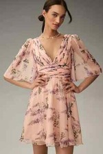 Mac Duggal Anthropologie Short-Sleeve V-Neck Mini Dress Pink Floral Size 8 NWT