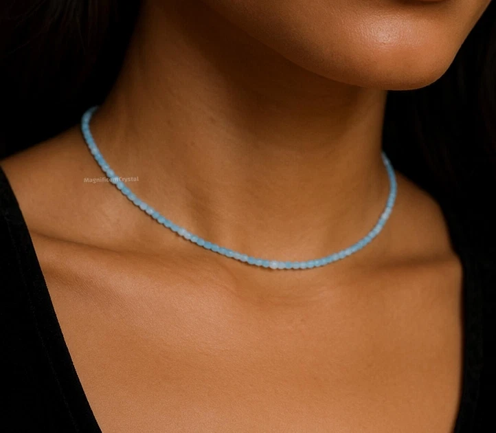 2mm Dainty Aquamarine Choker Blue Stone Queen Necklace Healing Reiki Energy Gift - Image 3 of 4