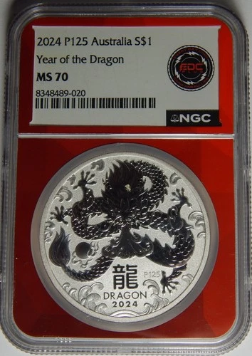 Australia 2024 1 oz Silver Lunar Year of the Dragon $1 - NGC MS 70