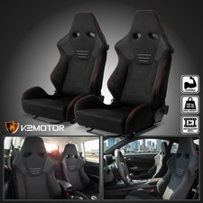 2x Universal Reclinable Racing Seats Sliders Black Suede Red Stitch Car Seats 2x Universal Reclinable Racing Seats Sliders Black Suede Red Stitch Car Seats