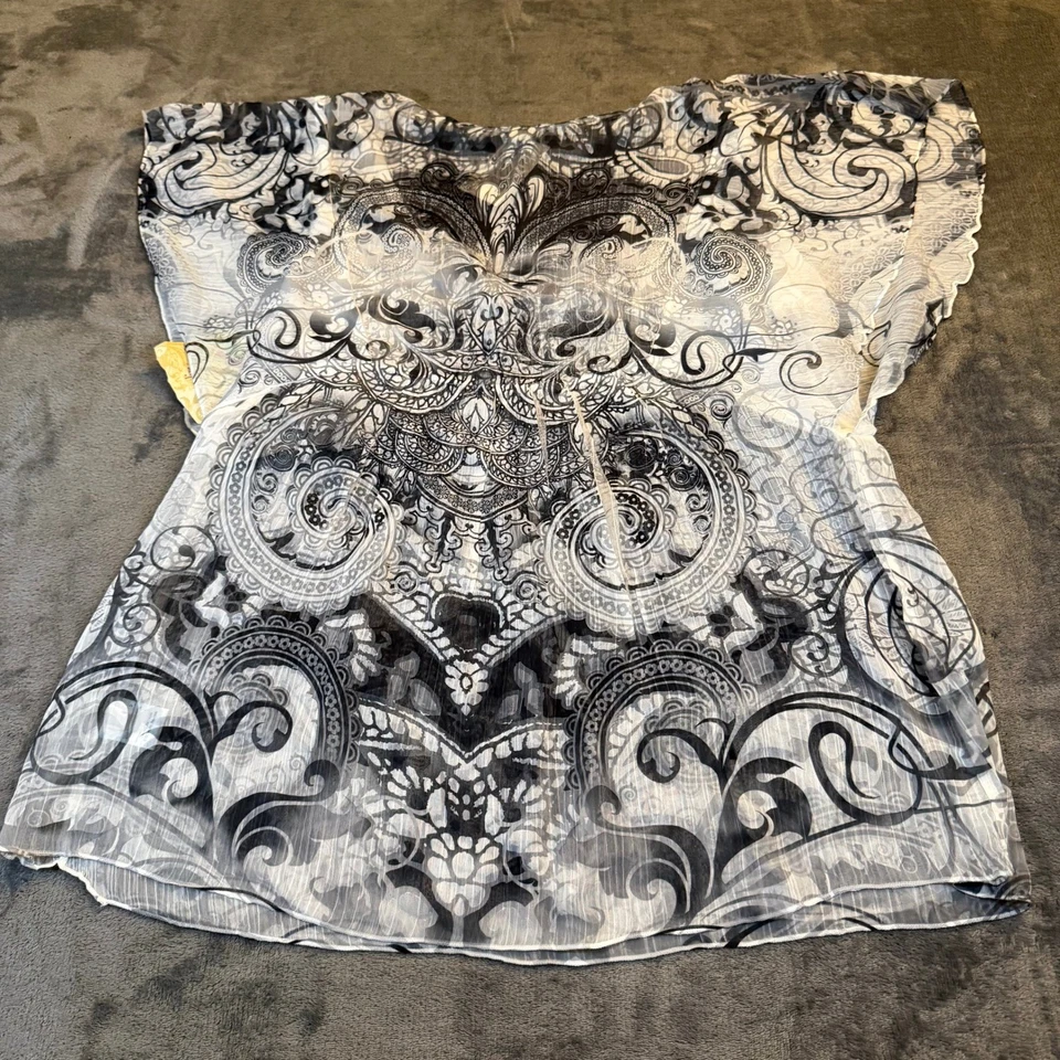 Top túnica One World étnico crema estampado cachemir superpuesto transparente para mujer XL NUEVO CON ETIQUETAS Foto 4 de 4