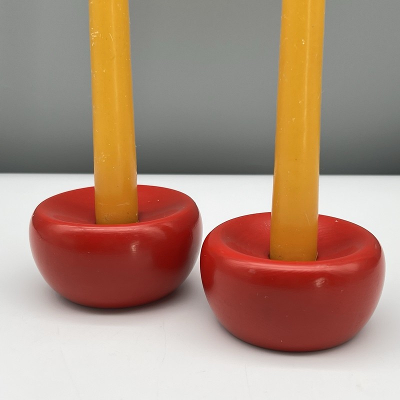 MCM SWEDEN Red Painted Wood CANDLE HOLDERS SET Squat Round Discs 1.5" x 3" XMAS