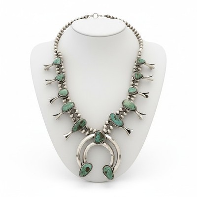 Vintage Native Navajo Squash Blossom Turquoise  Necklace Sterling Silver 925
