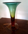 MCM BLENKO AMBER/GREEN PEDESTAL ART GLASS 11" TRUMPET VASE