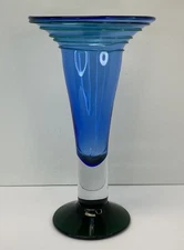 RARE Blenko 9825 Cobalt Blue & Green Spiral Wrapped Threaded 12” Trumpet Vase