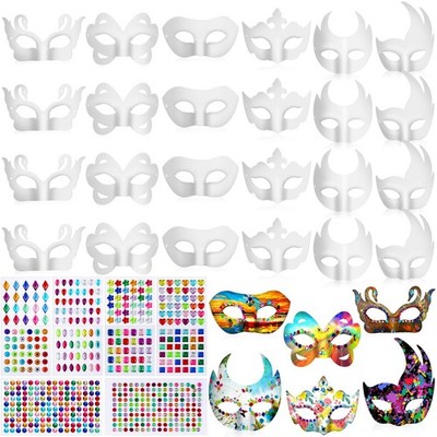 24 Pcs Paper Mache Art White Craft Masquerade Masks and Gem Stickers DIY Blan...