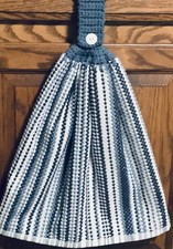 Double hanging kitchen towel abstract blue stripes crocheted blue top