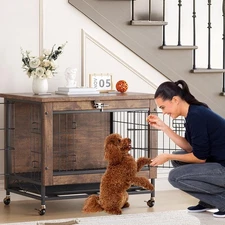 Dog Crate Furniture with Wheels, Double Door Kennel & Removable Tray for Dogs