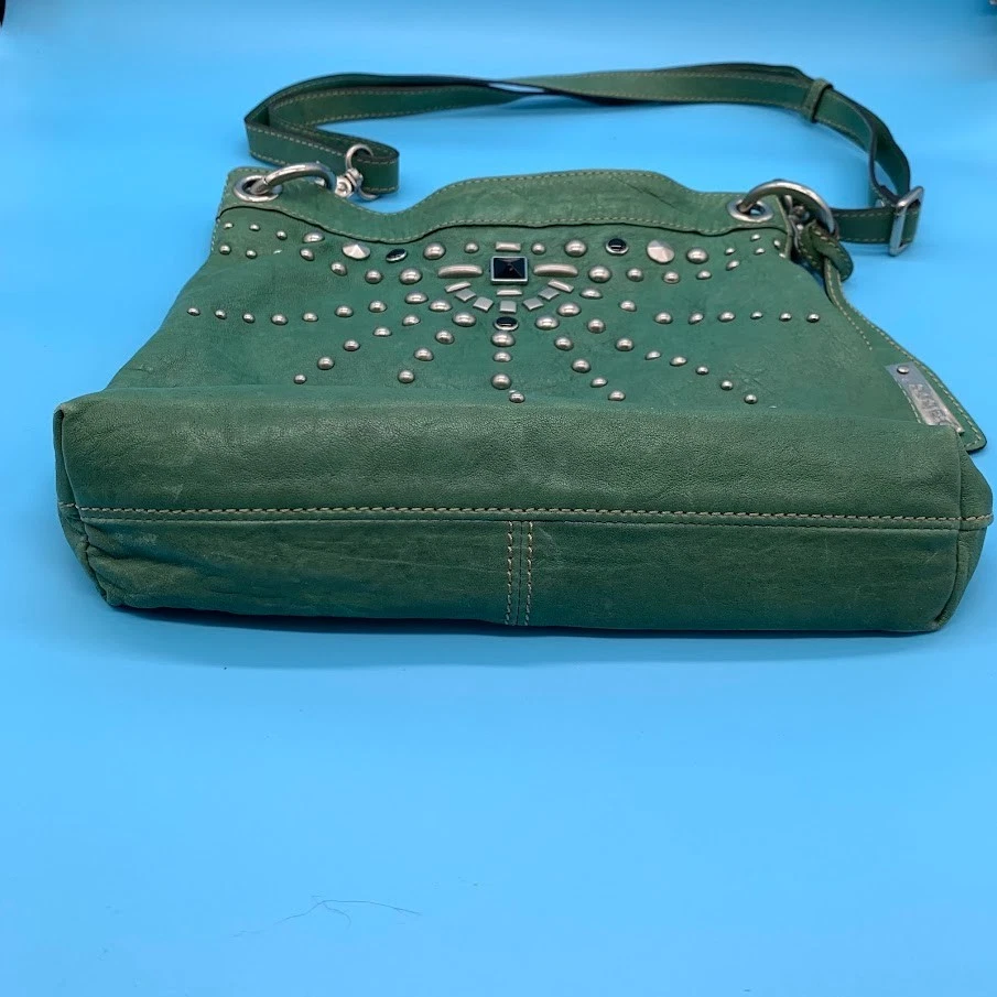 Bolso de Hombro Cartera Abro Verde Cuero Genuino Tachonado Italia Y2K Foto 4 de 4