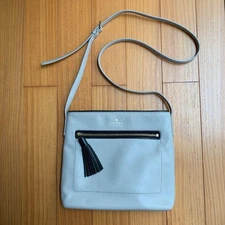 m1206 kate spade Shoulder Bag Beige Leather Fringed Black Pocket Used