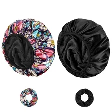 Shower Caps 2 Pack Terry Lined Bath Cap with 2 Satin Scrunchies Waterproof