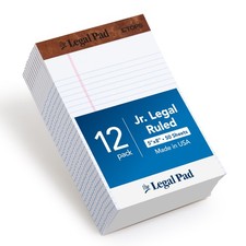 Legal Pads, 12 Pack, 50 Jr. Legal Ruled 5" x 8" Sheets, Bright White Pap...
