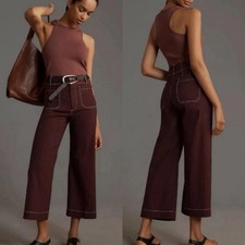 Anthropologie Maeve Colette Contrast Stitch Cropped Wide Leg Pants Plum Size 28