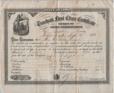 Teachers First Class Certificate Guthrie Center Iowa 1874 Mr. Chas Parrish