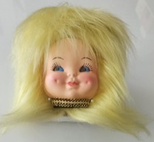 Vintage Baby Doll Face Tissue Box Cover Dispenser Bright Yellow Shag Hair