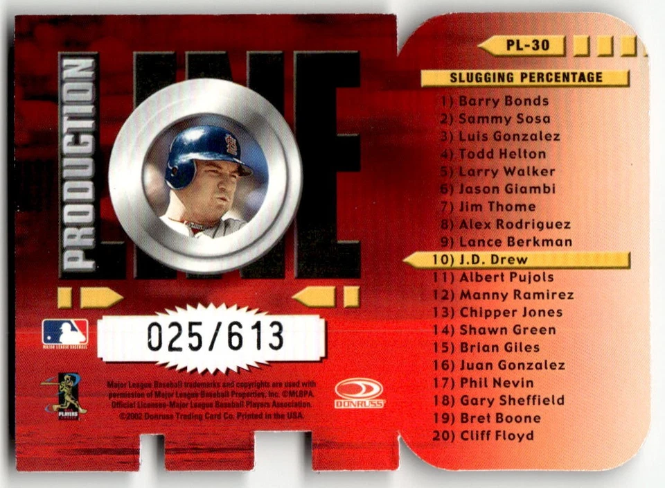 2002 Donruss J.D. Drew Production Line Die Cut #/613 #PL-30 - Image 2 of 2