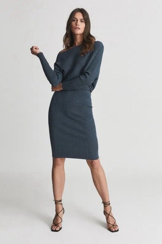 REISS Lara Dress Teal Drape Off The Shoulder Ribbed Knitted Size XS RRP £168