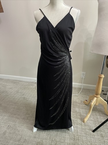 Black Wrap Dress Silver Starburst Sleeveless V-Neck Kimono Wrap Womens small - Picture 8 of 15