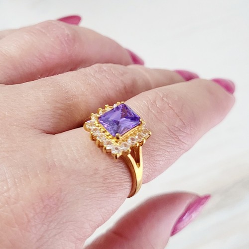 Vintage 14K Gold Plated rectangle ring purple Amethyst & CZ size 6.5 Israel made - 第 3/11 張圖片