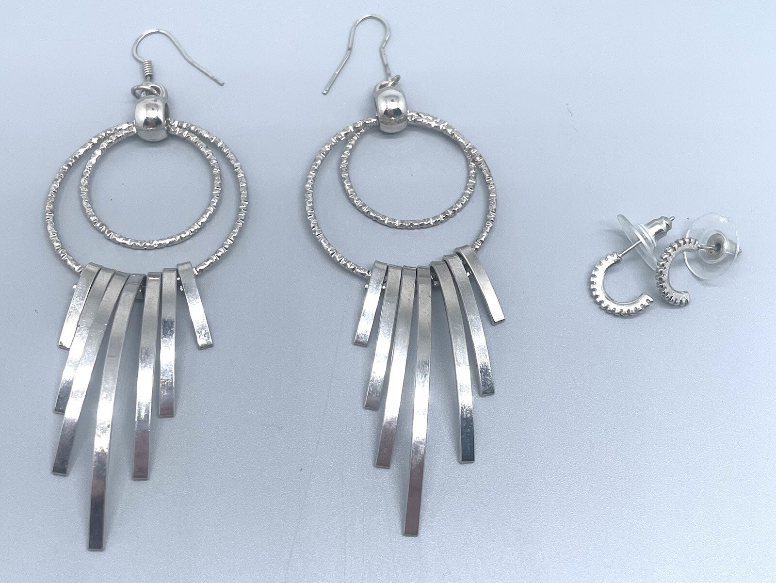 Two Silver Tone Dangle Small Hoop Rhinestone Earr… - image 1