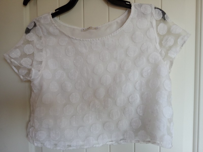 LA REINE women top blouse dress up white sheer cropped size S excellent