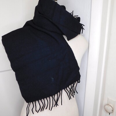 New Polo Ralph Lauren Scarf Wool Knit Fringed 11'' x 62'' Solid Black Lambswool