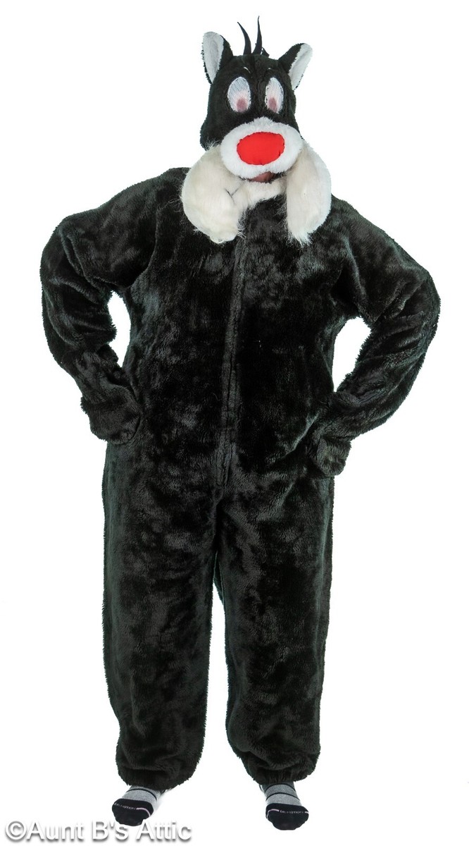 Cartoon Cat Mascot Costume Piece Handmade Blk Faux Fur Jumpsuit
