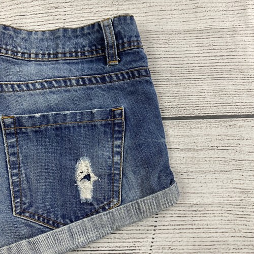 Forever 21 Cuffed Distressed Blue Denim Jean Low Rise Shorts Women Size 27 - Picture 4 of 11