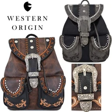 Western Style Rhinestone Buckle Backpack Women Purse School Bag Moto Biker Bag