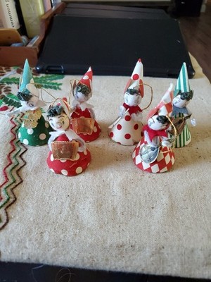 Vtg 50's  Spun cotton 6 Elf Pixie Girls Chenille Paper/Cotton Ornaments Japan 