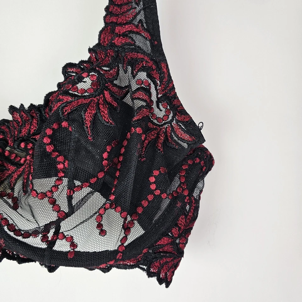 Sujetador Lunaire 34D Negro Rojo Bordado Encaje Con Aros Transparente Sexy Elegante Lencería Foto 4 de 4