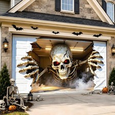Halloween Garage Door Cover 16x7 FT, Realistic Garage Scene Design