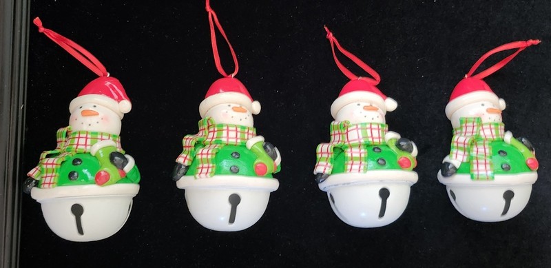4 Colorful Snowman Clay And Metal Holiday Bell Hanging Christmas Ornaments! Fun!