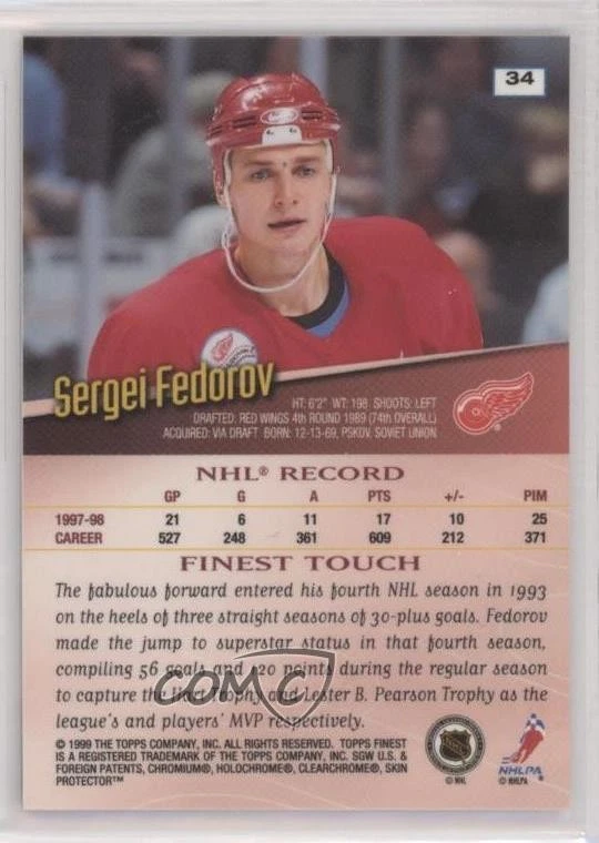 1998-99 Topps Finest Sergei Fedorov #34 HOF - Image 2 of 2