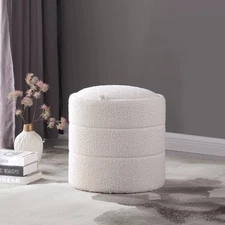 Homepop Storage Ottoman 17.5" x 18" x 17.5" Round Cream White Boucle Finish