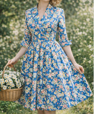 Lindy Bop Women Midi Dress Sz S Blue Vivi Floral Cottagcore Retro Stretch 50s