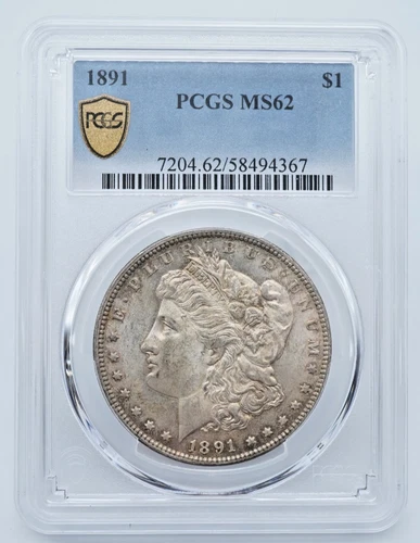 1891-P Morgan Silver Dollar PCGS MS62 Gold Shield Label - T372