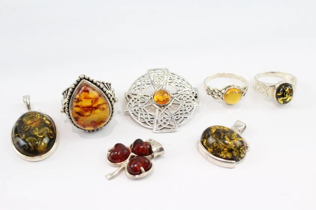 05 Sterling Silver Amber Jewellery Baltic Copal Celtic Rings Brooch Pendants x 7