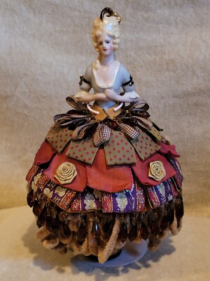 Half Doll, Dramatic Madame Pomp w/Fabulous Silk/Beads/Ribbon Layers 9.75'' Repro